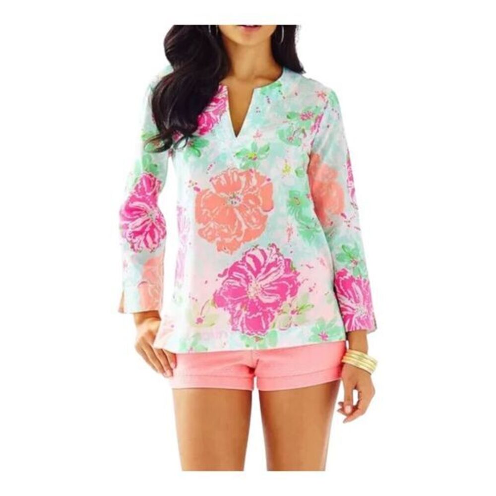 Lilly Pulitzer Floral Tunic Womens XS Pink Mint Green Split Neck 3/4‎ Sleeve